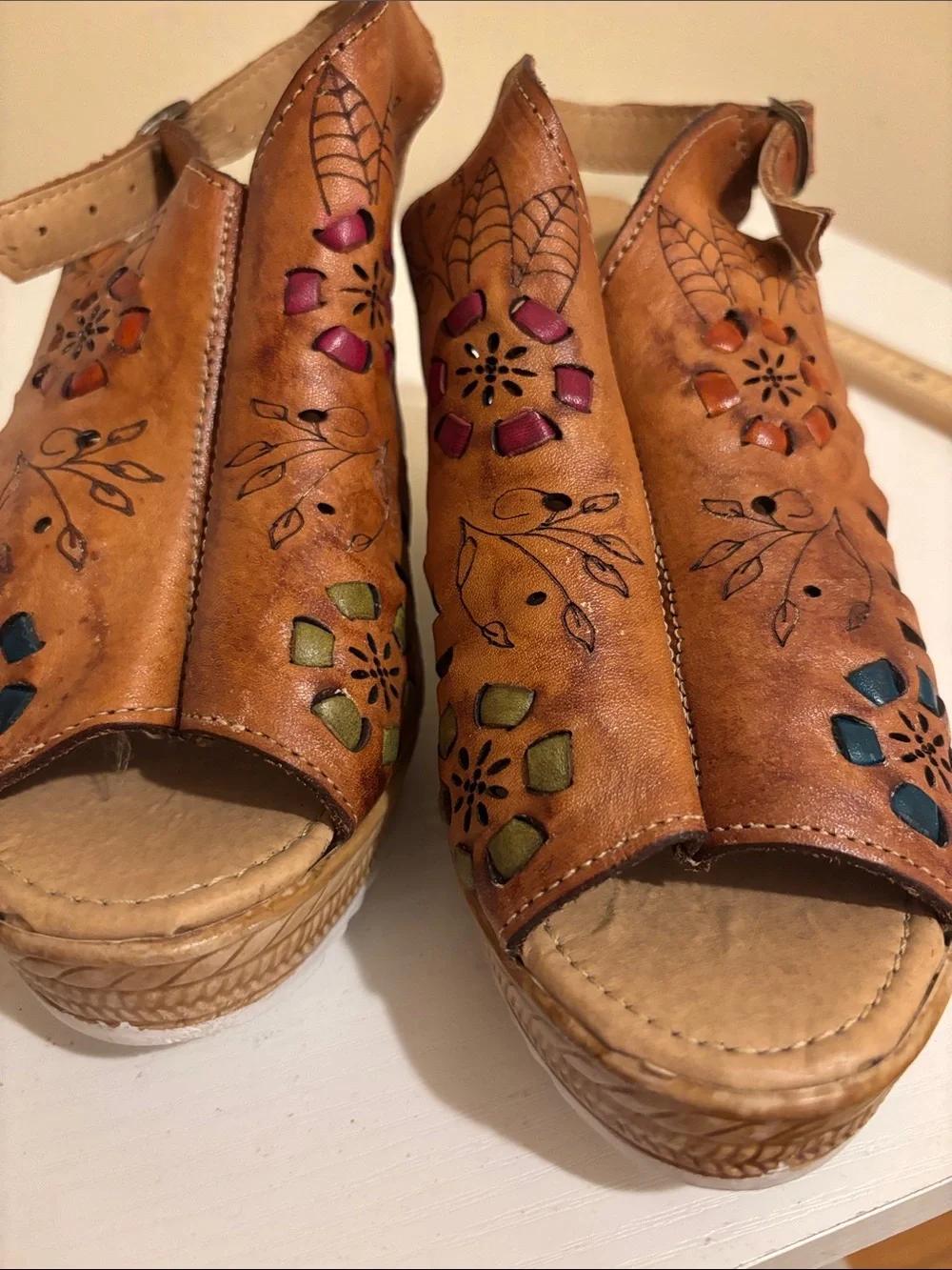 Brown Leather Floral Cutout Wedge Sandals